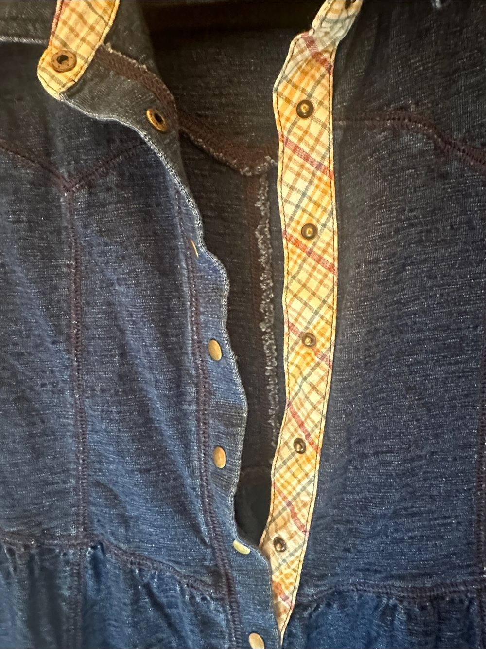 Free People Snap Front Denim Dress with Plaid accent size S EUC - Picture 3 of 4